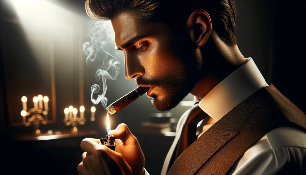 cigar with an air of sophistication and calm. The man, elegantly dressed, stands against a blurred
